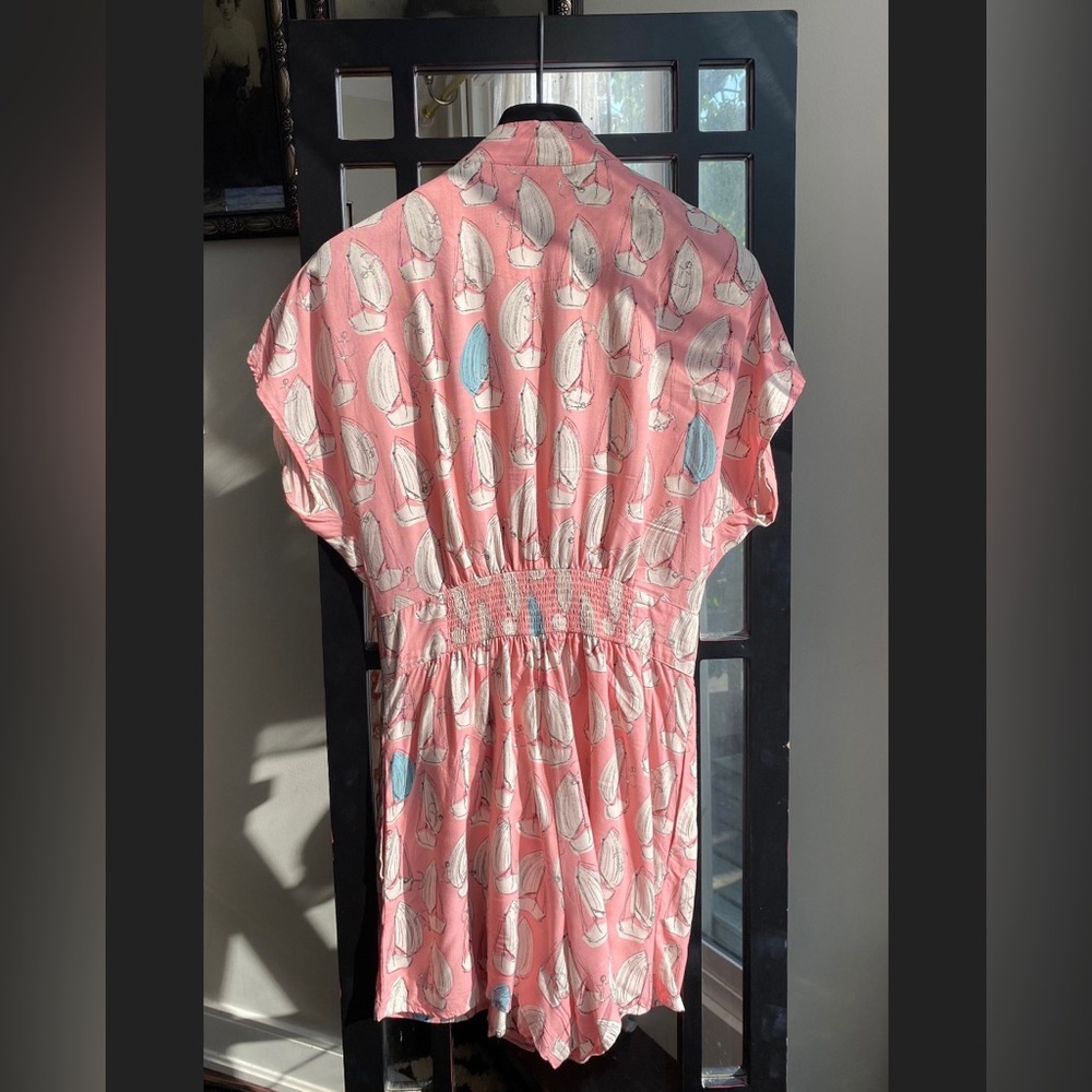 Anthropologie - Nautical Pink and White Short Sleeved Jumpsuit Romper - Small - Picture 2 of 10